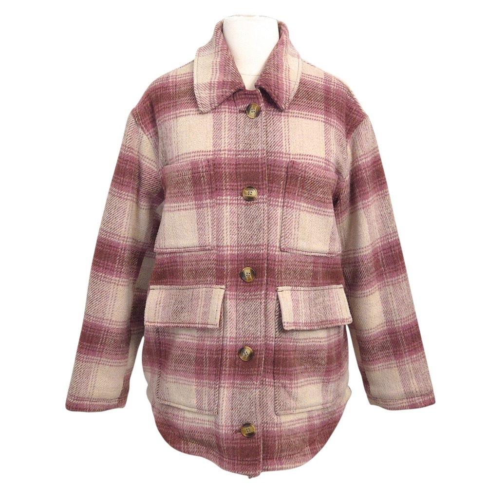 American Eagle Pink & Ivory Ombre Plaid Wool Sherpa Insulated Shacket Coat- S